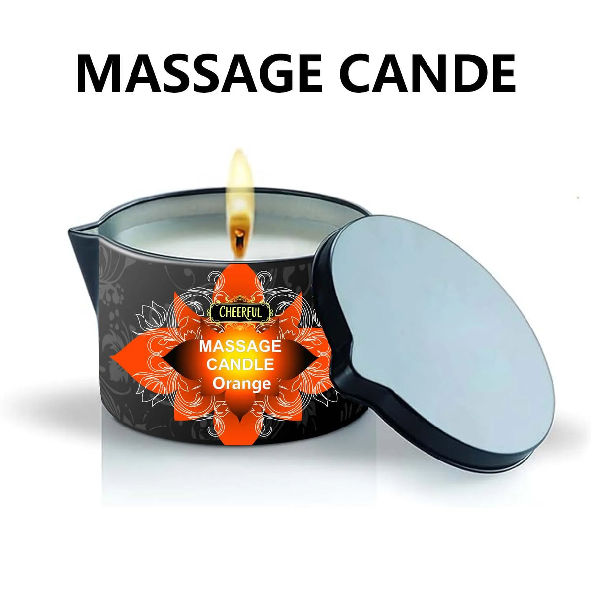 A massage candle in an anti-scalding tin with an orange flame and decorative floral design.