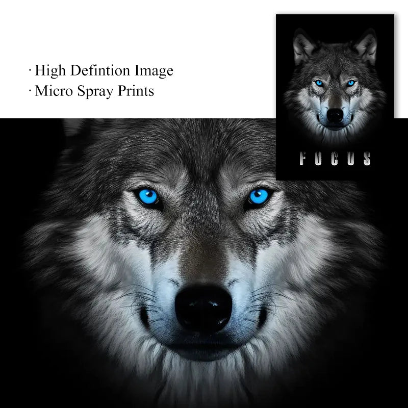 A close-up portrait of a wolf's face with striking blue eyes, used as a motivational animal canvas print.