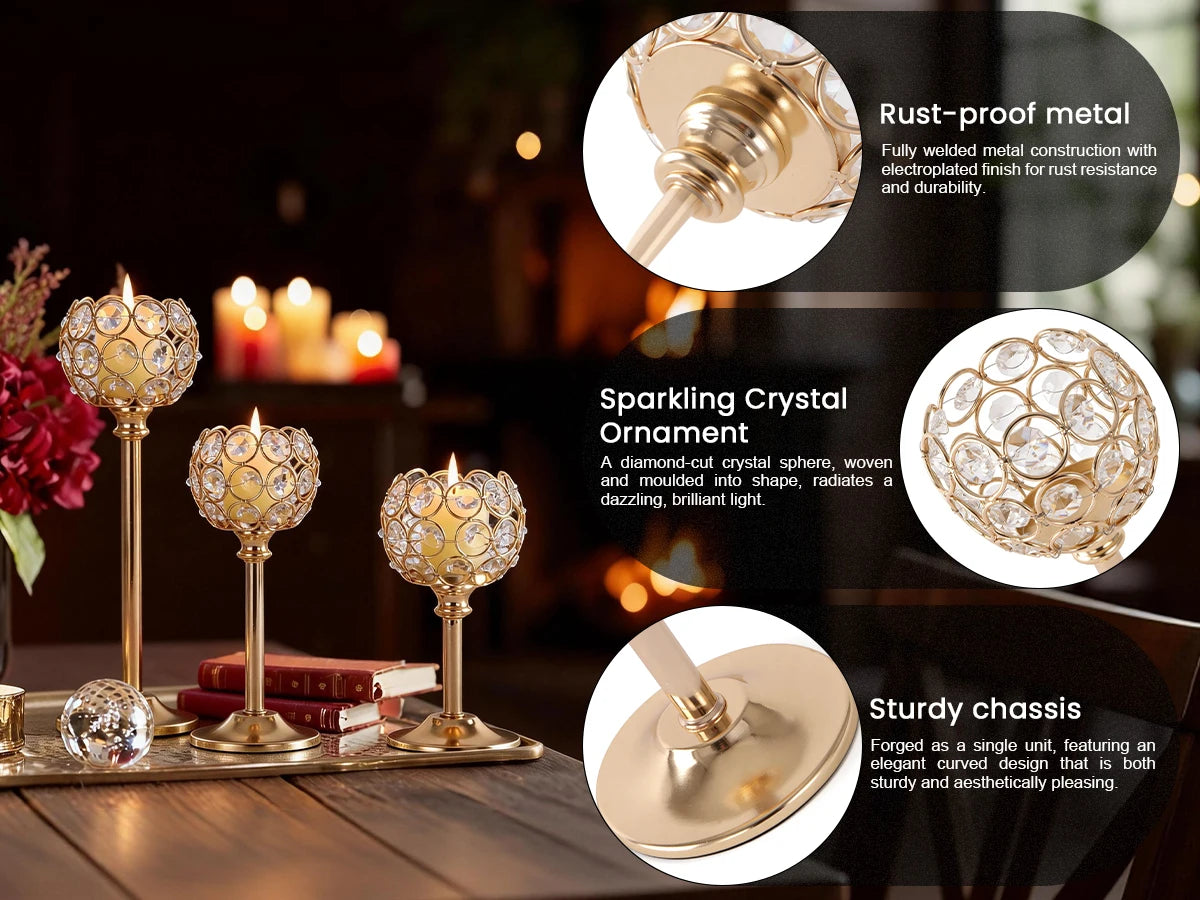 A set of gold-toned metal candle holders featuring a sparkling crystal ornament and sturdy finish.