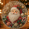 A round acrylic craft ornament depicting Santa Claus with a white beard and festive red and green decorations.