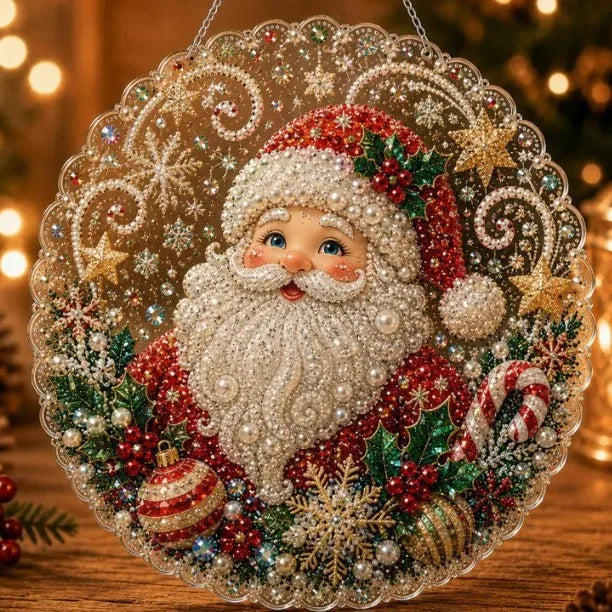 A round acrylic craft ornament depicting Santa Claus with a white beard and festive red and green decorations.