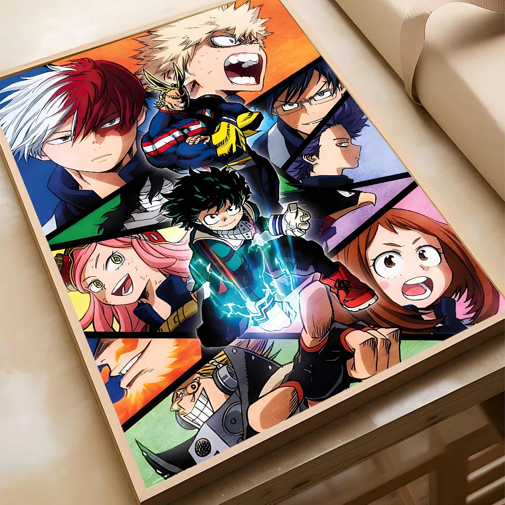 A vibrant poster featuring various My Hero Academia characters in dynamic poses and colors.