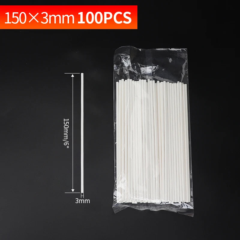 A clear plastic bag filled with 100 white paper lollipop sticks measuring 150mm long and 3mm in diameter.
