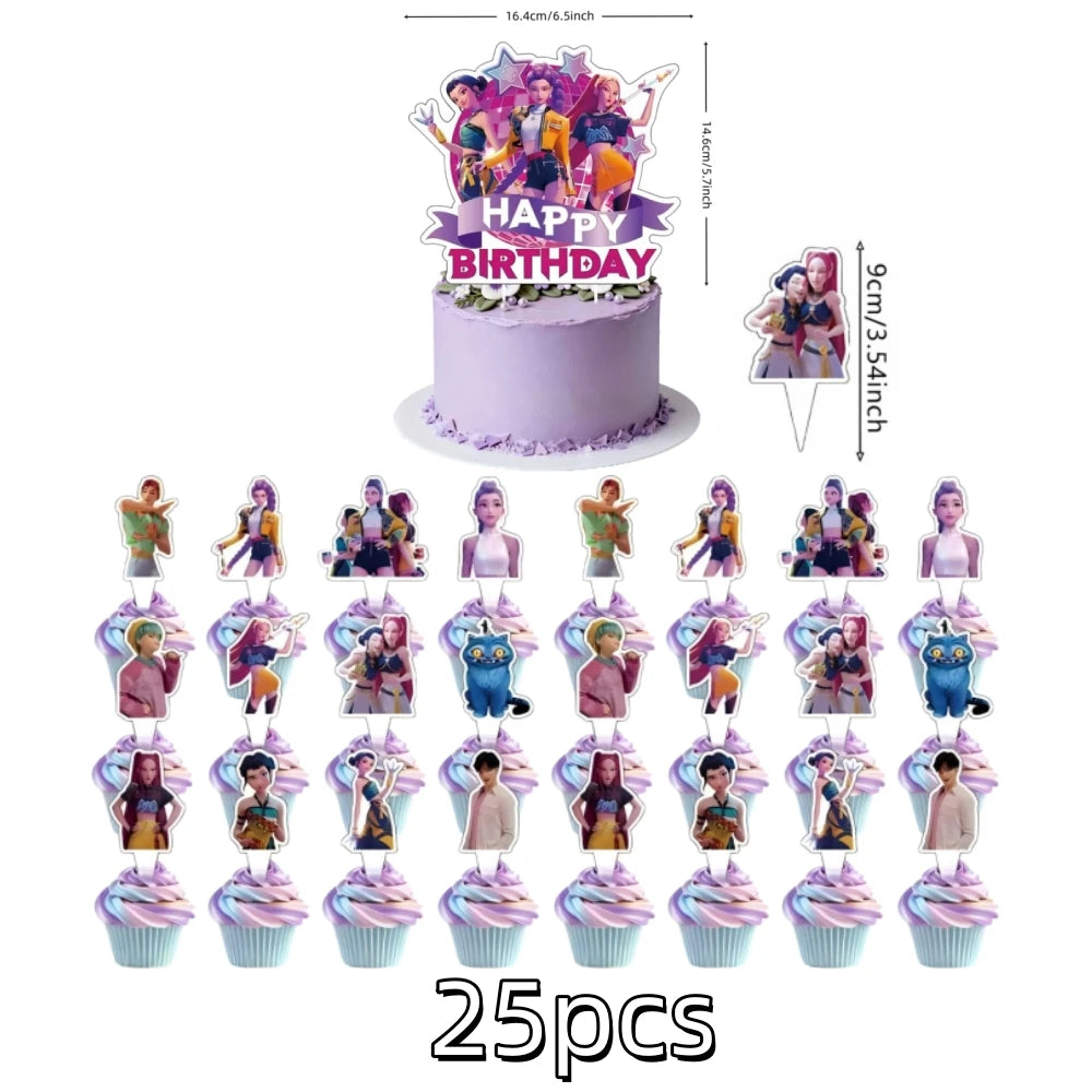 A set of 25 pink and purple anime hunter girl cake toppers, including a main cake topper and multiple individual figures.