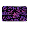 A black tapestry banner featuring purple silhouettes of various cute and whimsical characters.