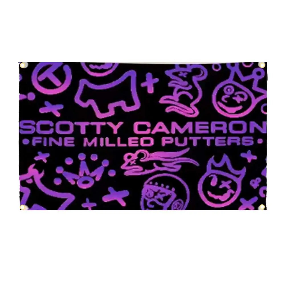 A black tapestry banner featuring purple silhouettes of various cute and whimsical characters.