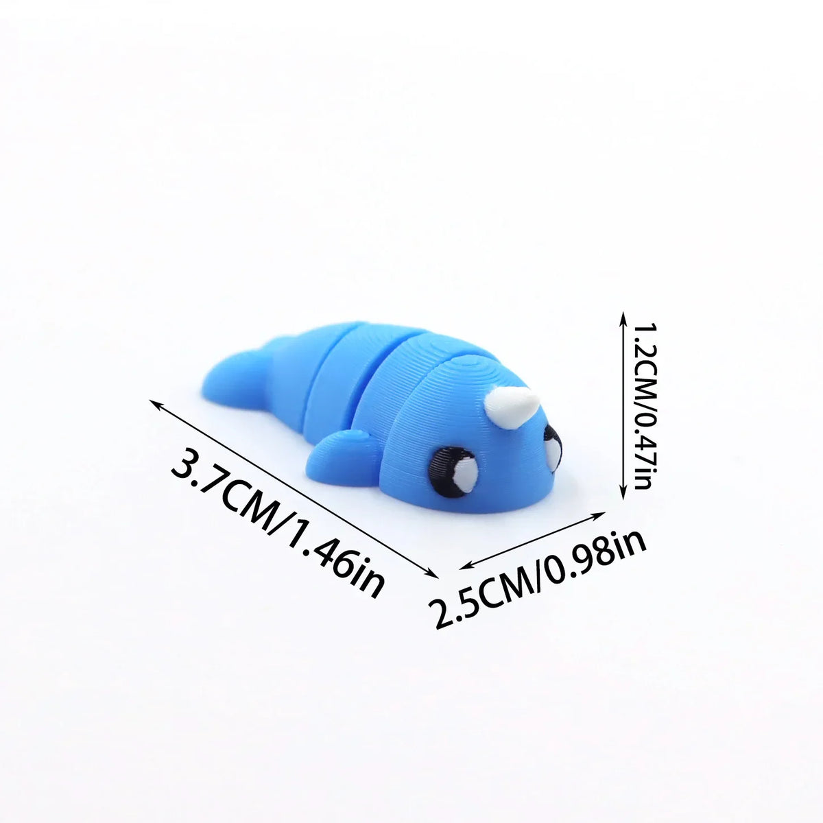 A small, blue, 3D printed cartoon animal figurine with white accents, shown with dimension lines.
