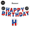 A banner spelling HAPPY BIRTHDAY made of red and blue letters with spider web accents.