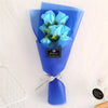 A blue handcrafted soap rose bouquet in a blue paper cone with a silver ribbon.