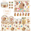 A set of happy birthday decorations featuring capybara characters, including stickers, balloons, and cupcake toppers.