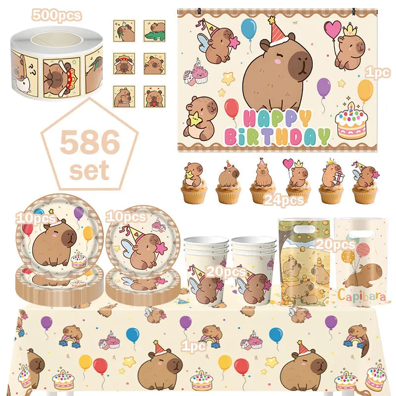 A set of happy birthday decorations featuring capybara characters, including stickers, balloons, and cupcake toppers.