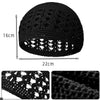 A black handmade crochet beanie hat shown with dimensions and a close-up of the openwork stitch pattern.
