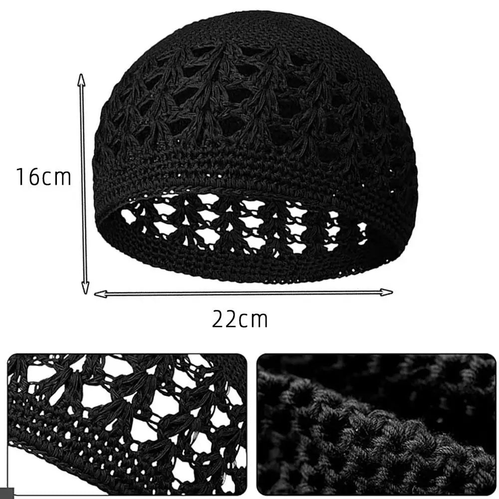 A black handmade crochet beanie hat shown with dimensions and a close-up of the openwork stitch pattern.