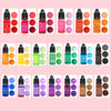 A collection of 20 liquid candle dye pigments in various shades of red, pink, orange, and green for soap and candle making.