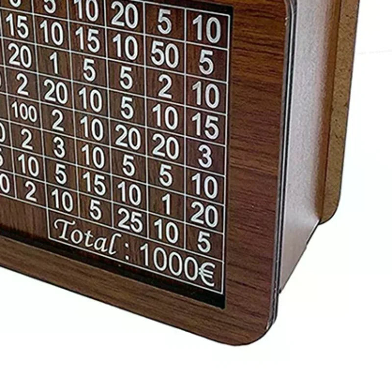 A wooden piggy bank with a grid showing various amounts and a total of 1000 Euros.