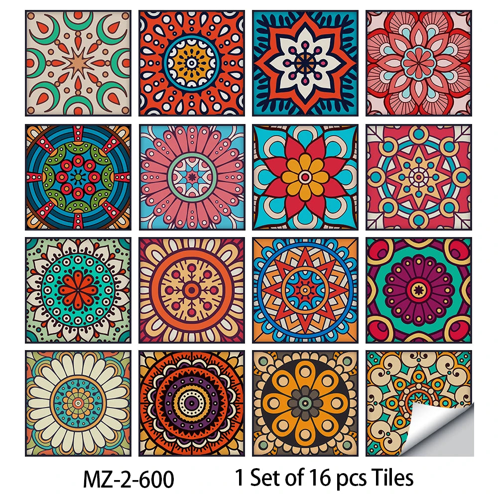 A set of 16 colorful mandala peel and stick wall tiles for kitchen backsplashes