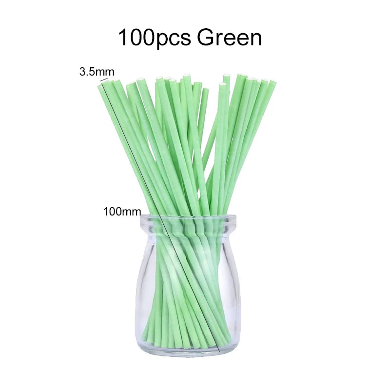 A glass jar filled with 100 green paper lollipop sticks, measuring 3.5mm each.