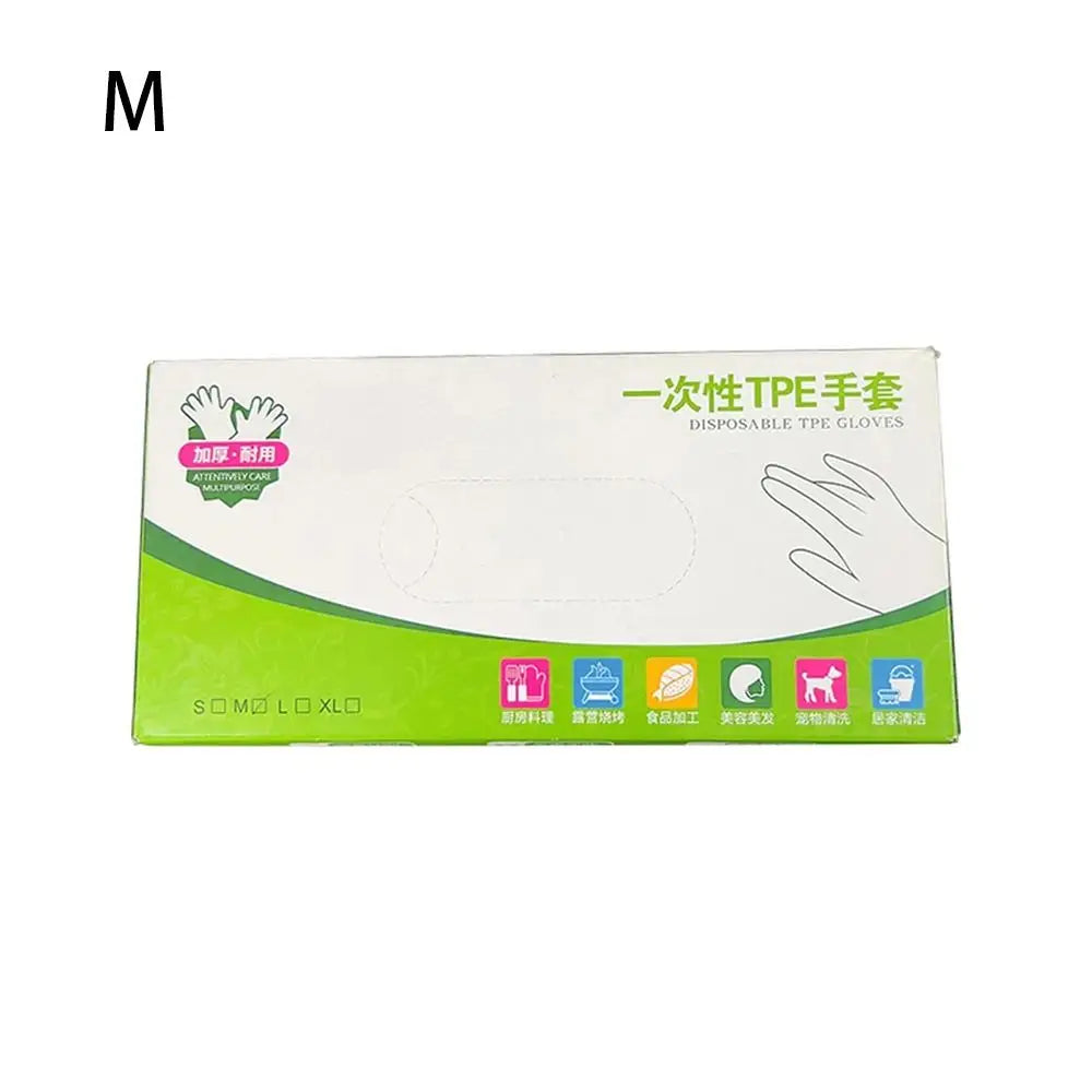 A package of disposable TPE gloves with various sizes and safety certifications.