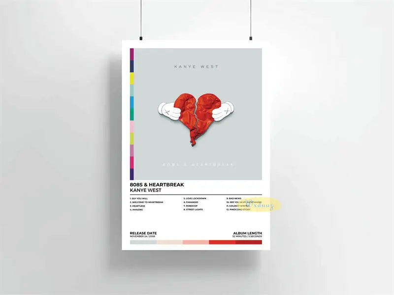 Arte para pared de lienzo con forma de corazón rojo y el texto Kanye West y Bob's & Heartbreak.