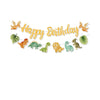 A banner featuring dinosaur silhouettes and the words Happy Birthday, with various dinosaur figures attached.