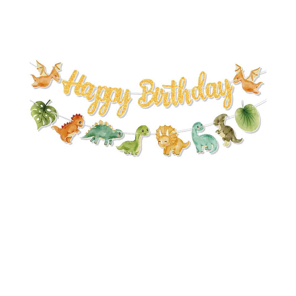 A banner featuring dinosaur silhouettes and the words Happy Birthday, with various dinosaur figures attached.