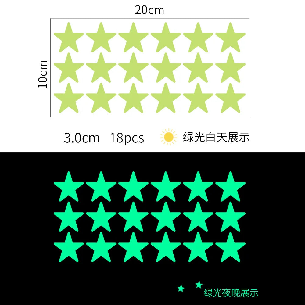 A grid of 18 glow-in-the-dark green stars used as wall stickers for kids' rooms.
