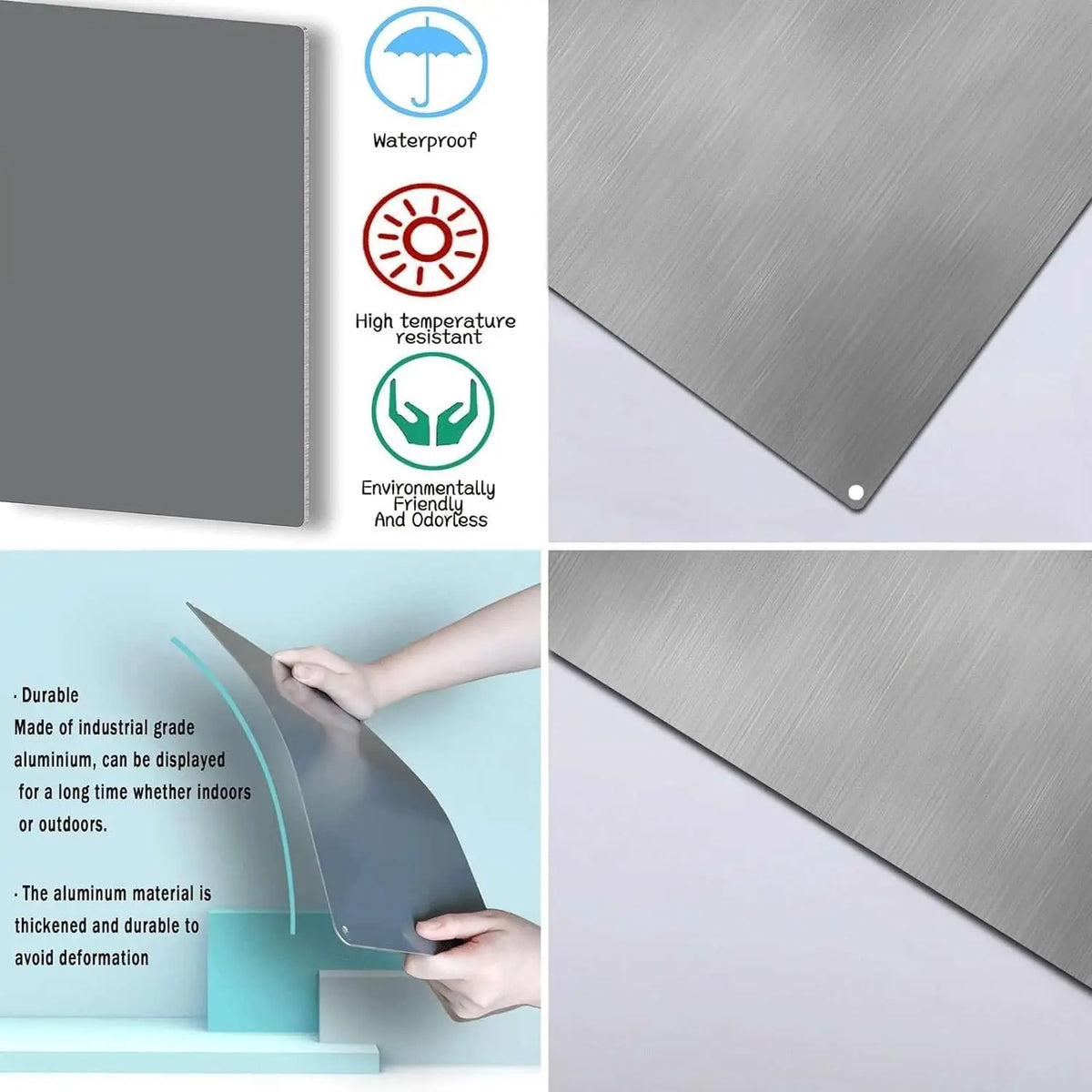 Vista cercana de un letrero de pared metálico gris, mostrando su durabilidad y resistencia al agua.