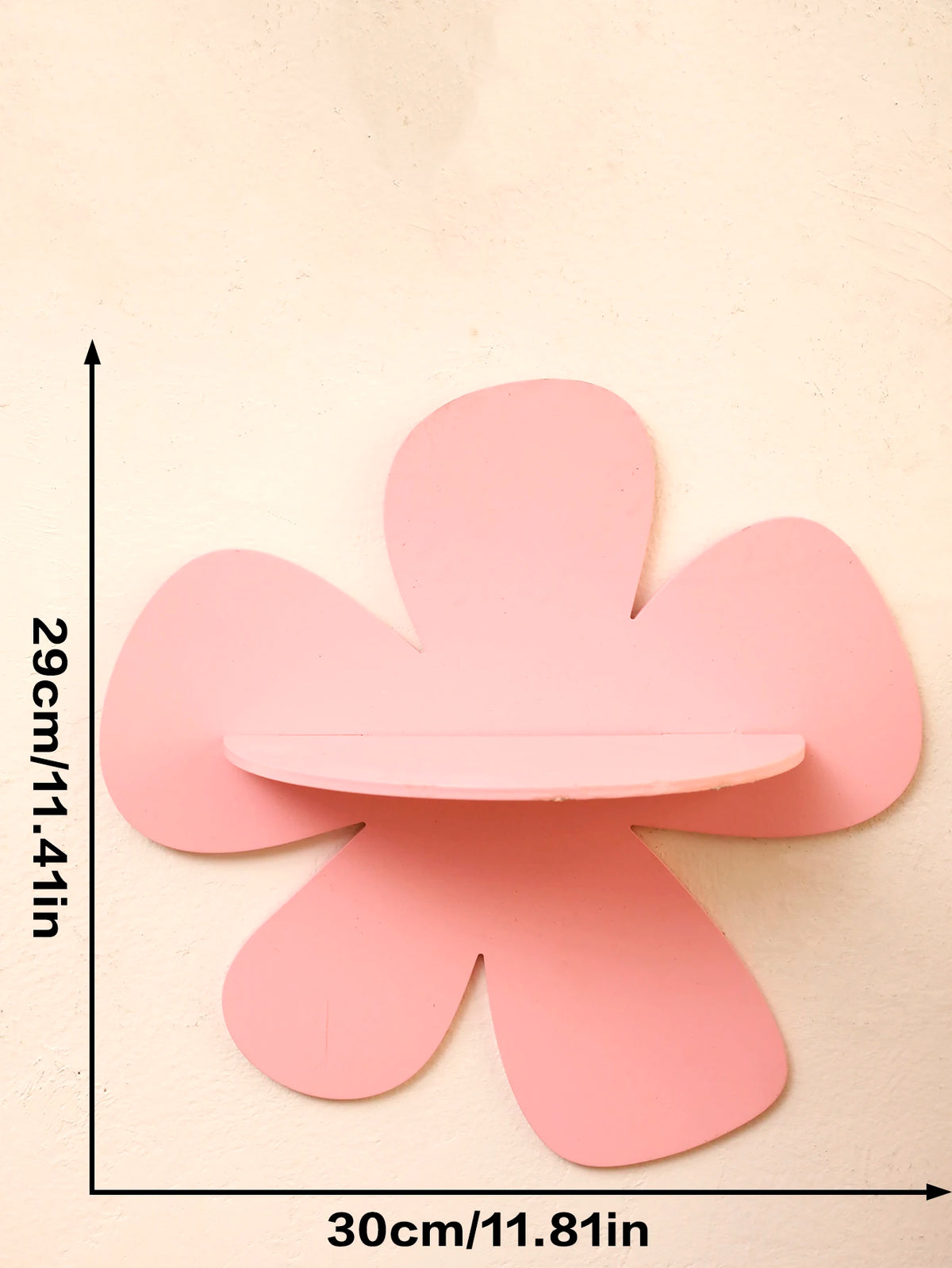 A pink cherry-shaped wooden wall shelf with dimensions 29cm by 30cm.
