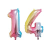 Two foil balloons shaped like the numbers 1 and 4 in pink and gold colors for birthday party decor