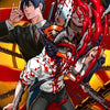 Anime character art featuring a man with dark hair and a black suit, surrounded by blood splatters and sharp objects.
