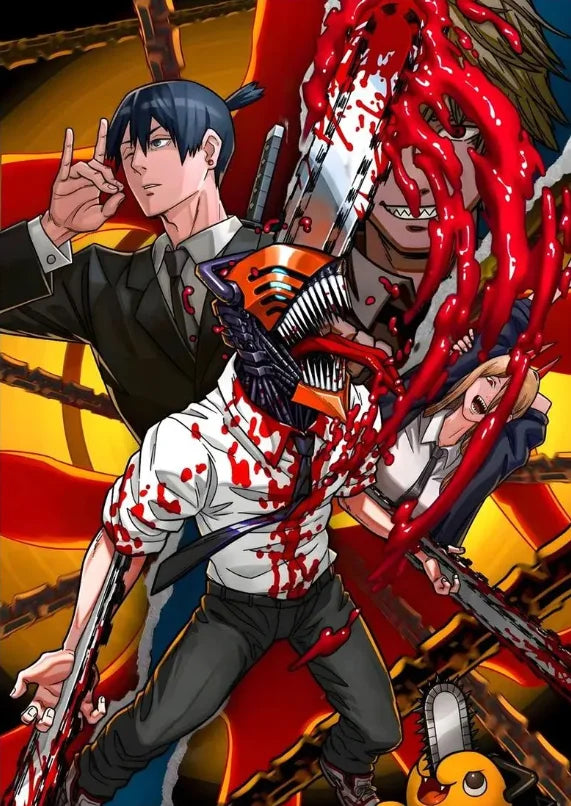 Anime character art featuring a man with dark hair and a black suit, surrounded by blood splatters and sharp objects.