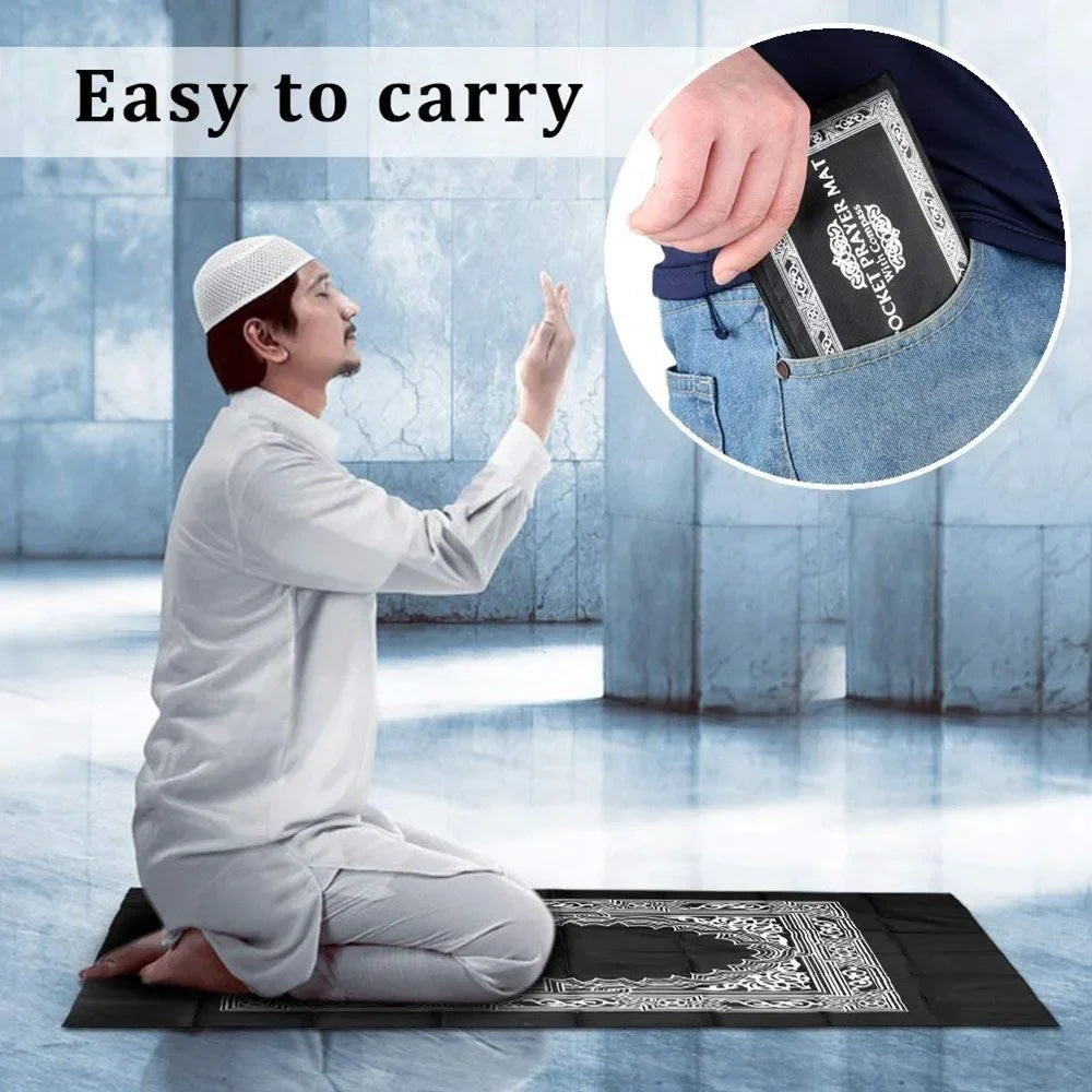 A man is shown easily carrying a portable travel prayer mat with a compass in his hand.