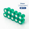 A pack of ten green neodymium pin magnets with plastic shells, measuring 11x17mm each.