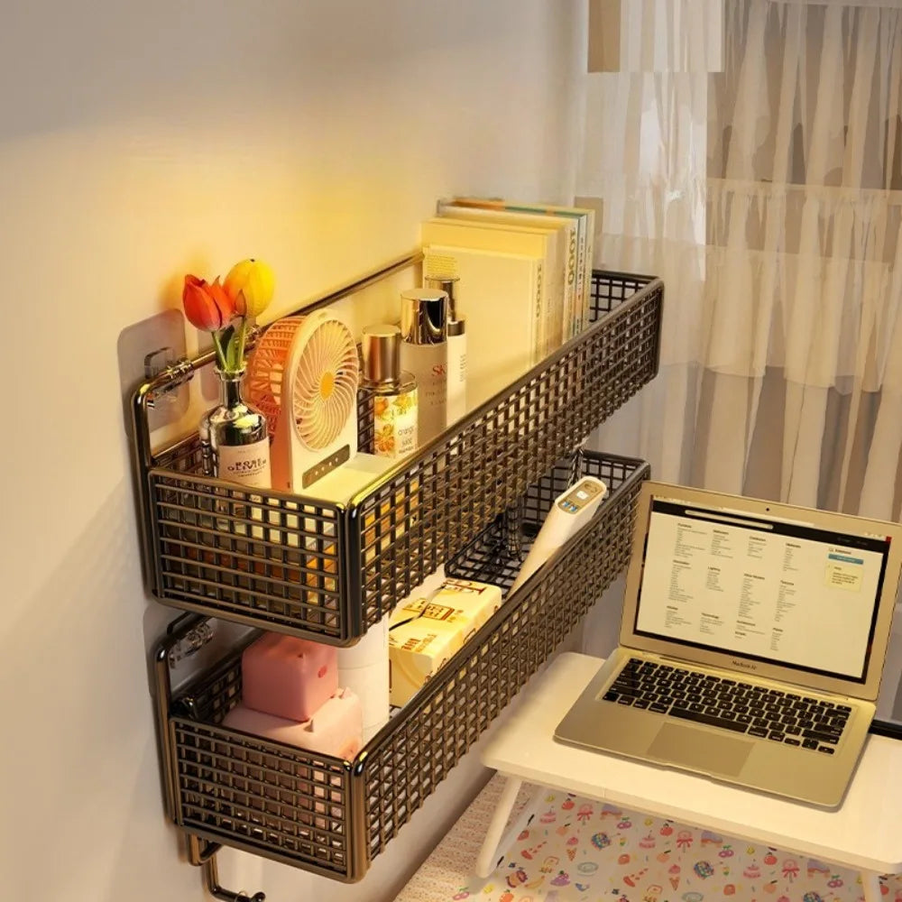 A dark brown wire storage basket mounted on a wall, filled with books and small containers.