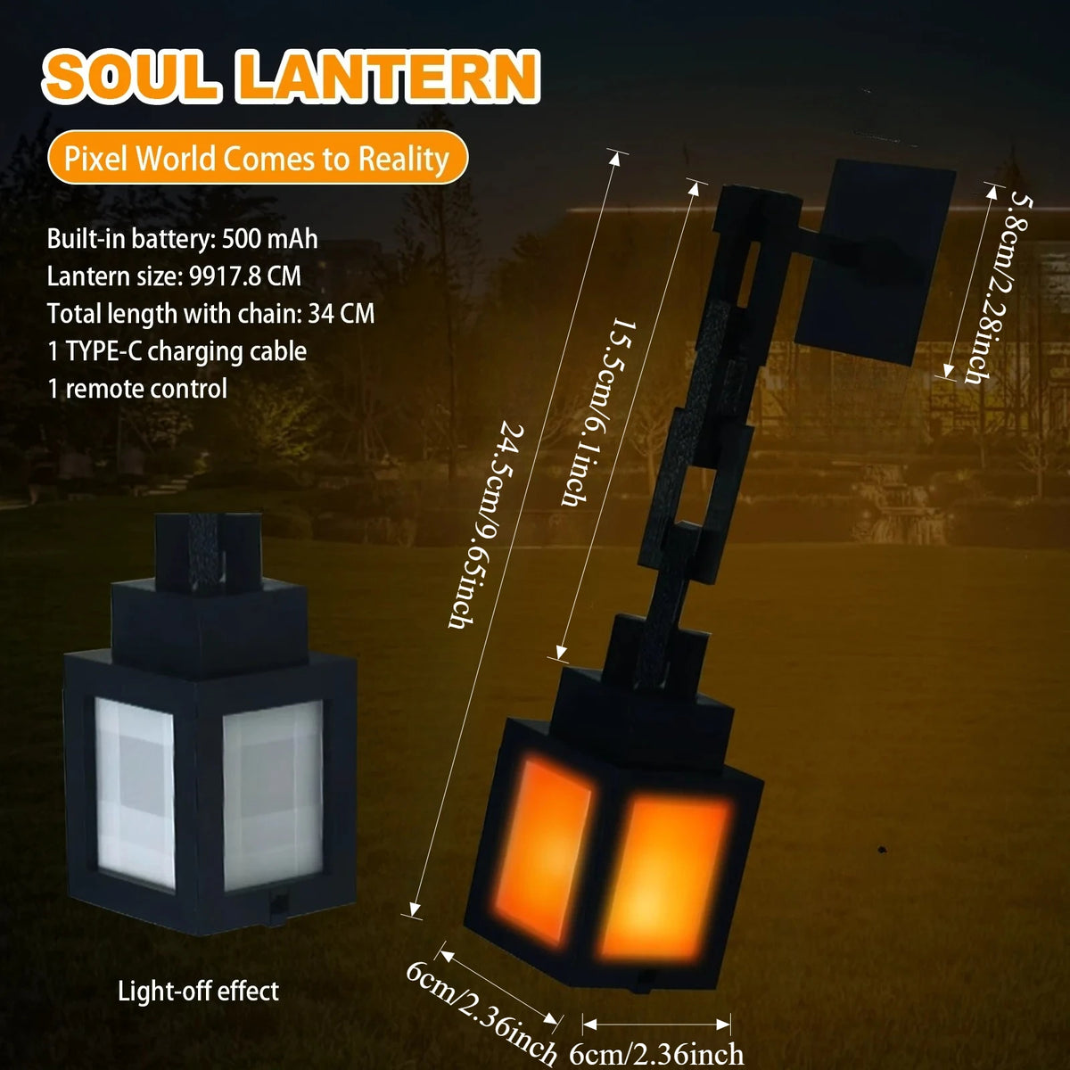 A black pixel style night light lantern with a glowing orange effect and a long adjustable arm.