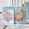 A blue spiral notebook titled Material Book featuring miniature scene stickers for kids