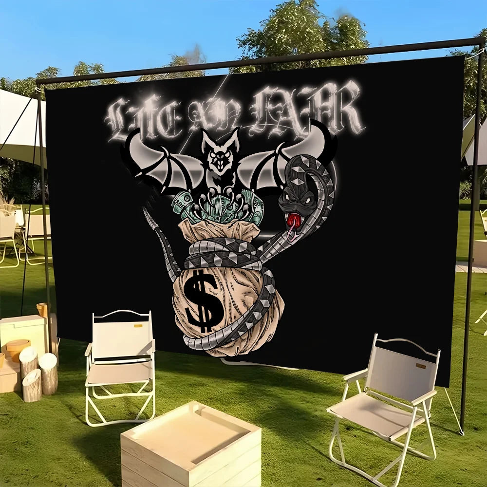 A black wall tapestry featuring a stylized skull and dollar sign design for a street culture hip-hop theme.