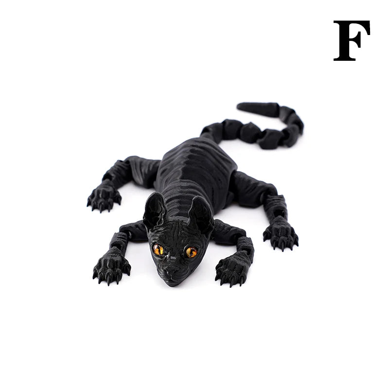 A black realistic 3D printed Sphynx cat figurine fidget toy with long, thin body and expressive eyes.