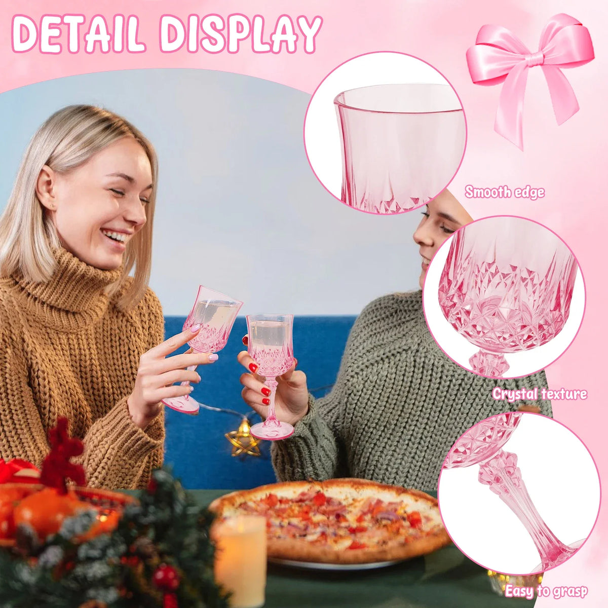 A display of elegant pink plastic wine glasses showing smooth edges, crystal texture, and easy to grasp design.