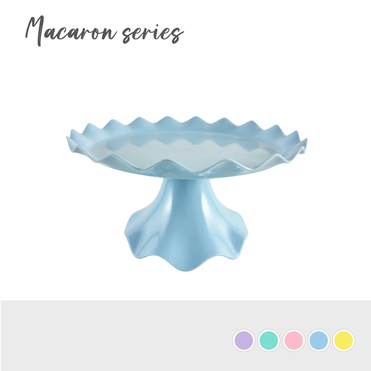 Light blue plastic cake stand with a scalloped edge for serving