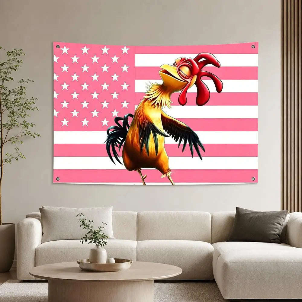 A vibrant tapestry featuring a movie-inspired depiction of a chicken head against a pink and white striped background.