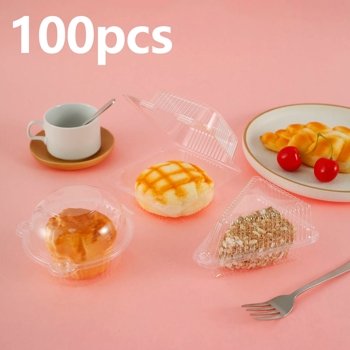 A collection of 100 clear plastic cake slice boxes with lids, including a cup, fruit, and dry ingredients.