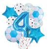 A collection of blue and white football-shaped helium foil balloons for birthday party decorations.