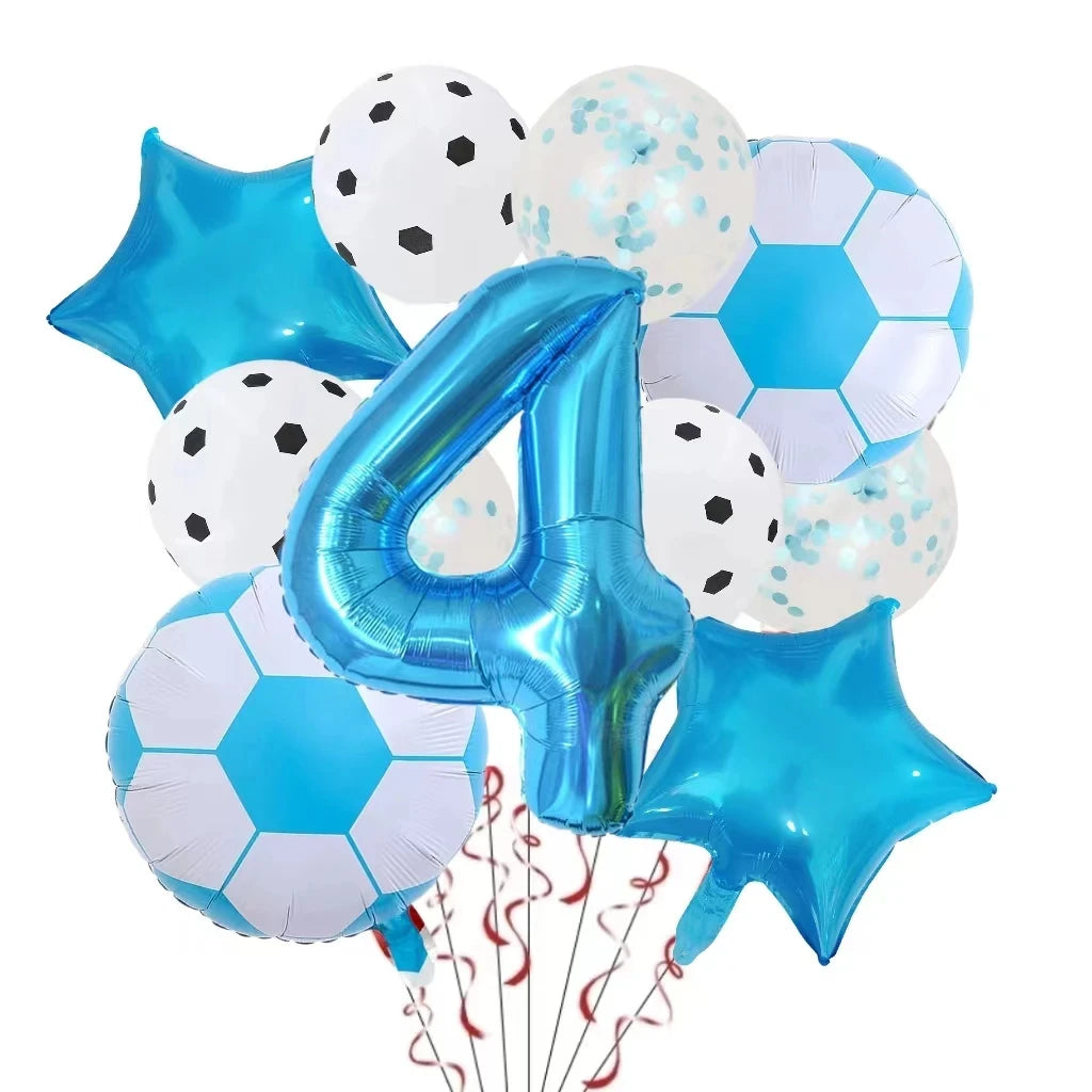 A collection of blue and white football-shaped helium foil balloons for birthday party decorations.