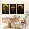 A set of three dark canvas paintings depicting Jesus and the Virgin Mary with golden halos.