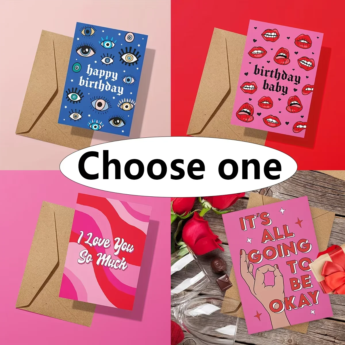 A collage of greeting cards and envelopes featuring birthday wishes, love messages, and colorful designs.