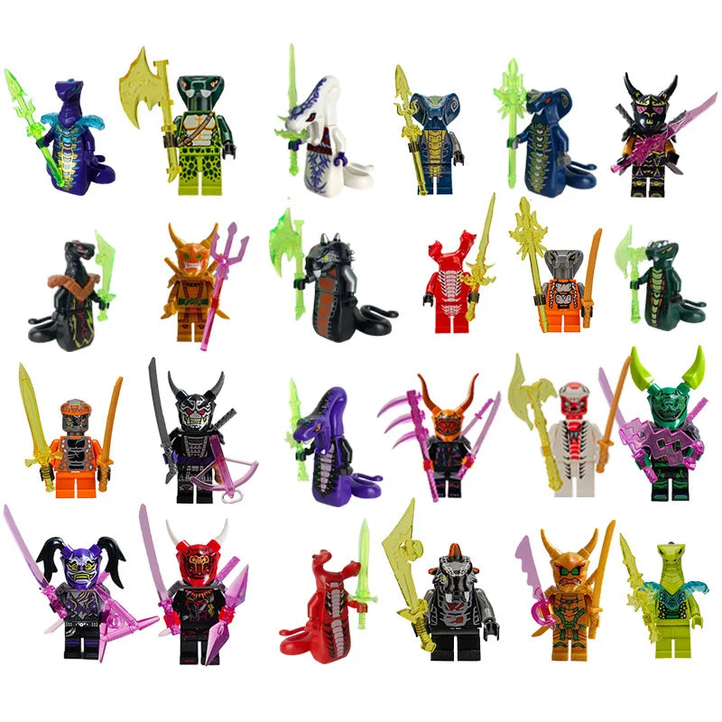 A collection of various Golden Ninja building block figures in different colors and styles.