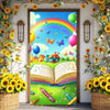 A vibrant vinyl backdrop banner featuring a rainbow, balloons, and an open book surrounded by sunflowers.