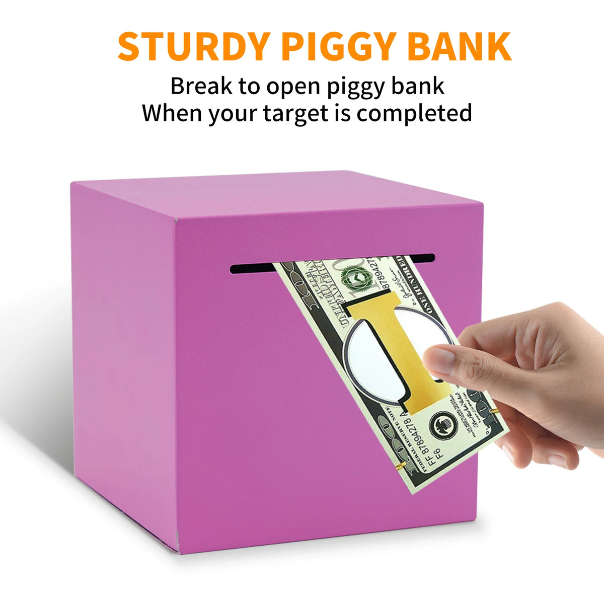 A pink box piggy bank with a slot open, showing US currency inside.
