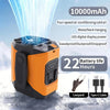An orange portable air conditioning fan with a digital display and battery, shown against a snowy background.